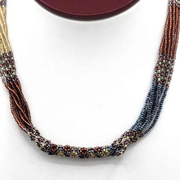 Handcrafted Multi Strand Seed Bead Boho Necklace Brown Gold 16 in Button Close - Picture 2 of 9